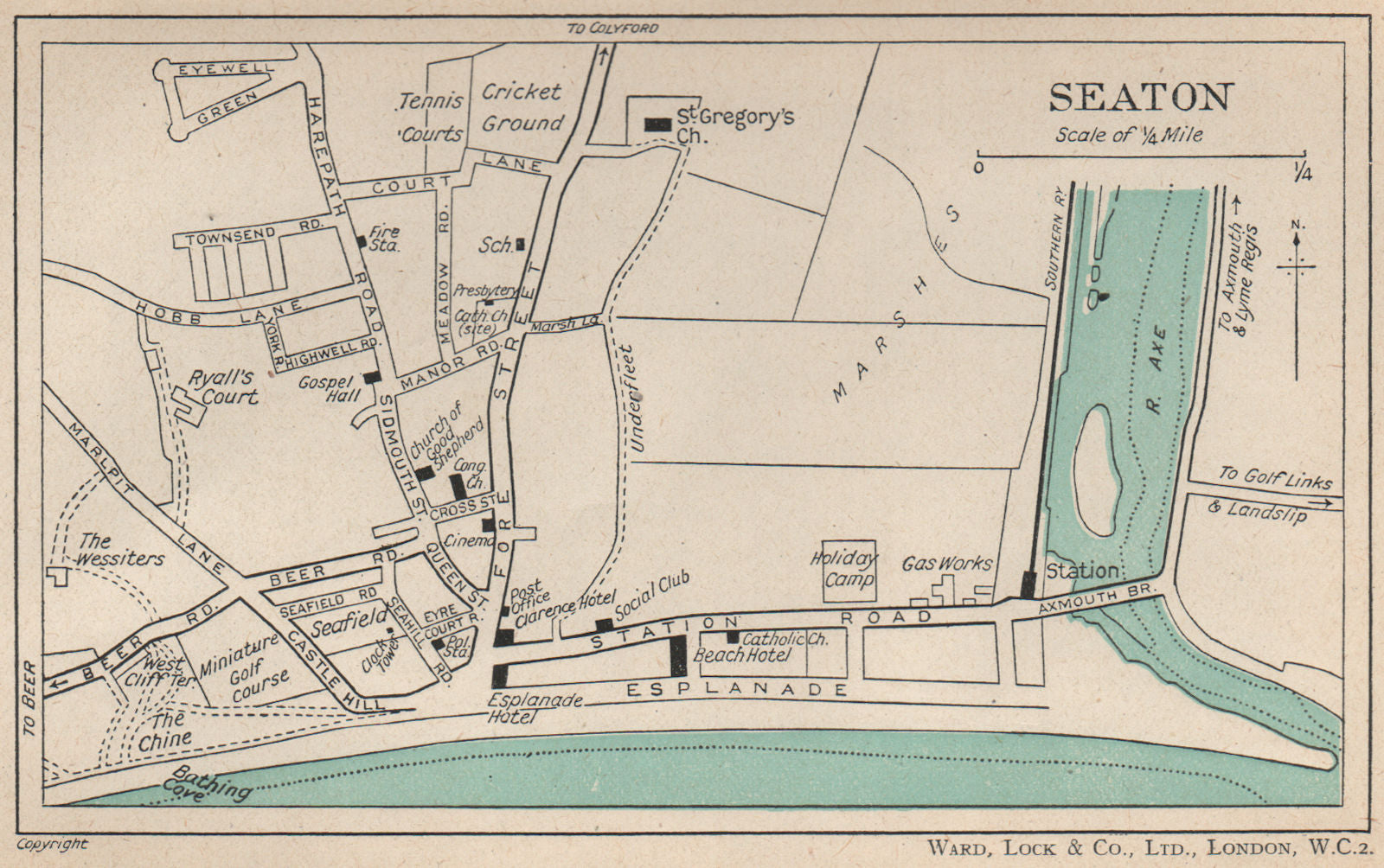 SEATON vintage town/city plan. Devon. WARD LOCK 1952 old vintage map chart